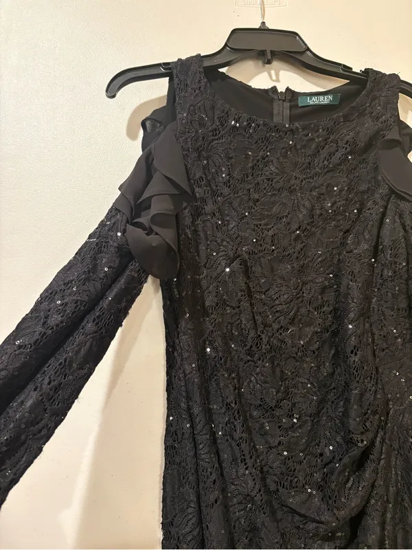 LRL Black Sequin Lace Cold Shoulder Ruffle Dress Size 10 / M (No Tag) - Image 2