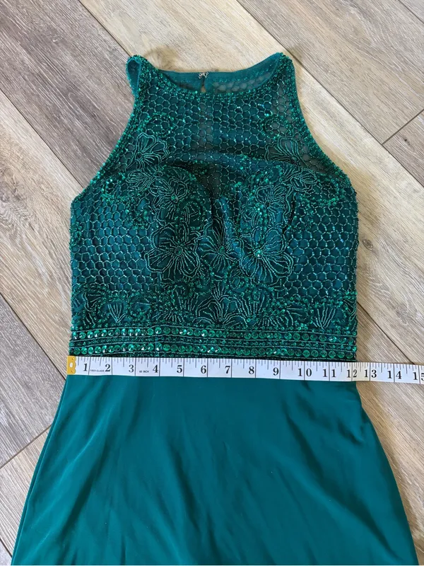 Sherri Hill Teal Beaded Halter Prom Gown with Side Slit - Image 12