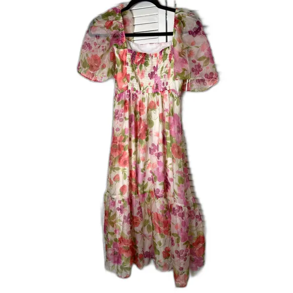 Abercrombie & Fitch Emerson Strawberry Floral Tiered Angle Sleeve Midi Dress S - Image 4