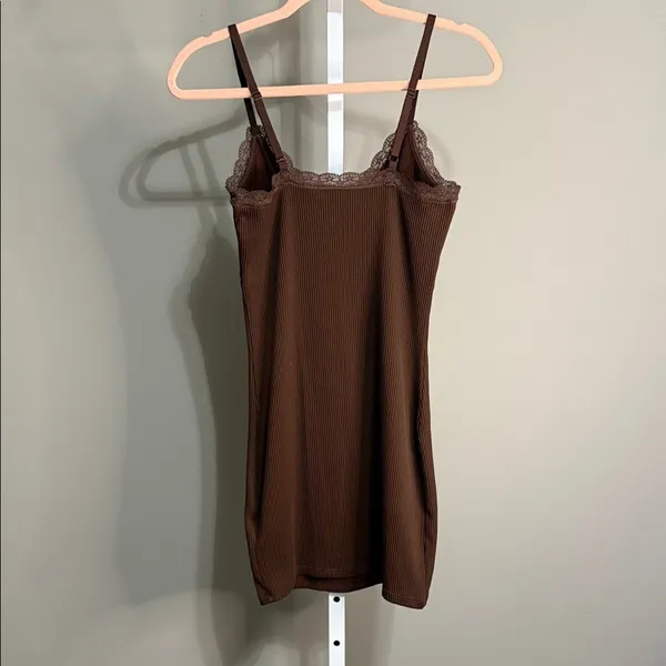 Divided Brown Lace Trim Ribbed Dress Small Y2K Coquette Dark Feminine Romantic‎ - Image 5