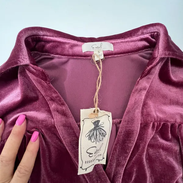 Easel Burgundy Velvet Babydoll‎ Tiered V-Neck Mini Dress Small Ruffle Flowy Boho - Image 7