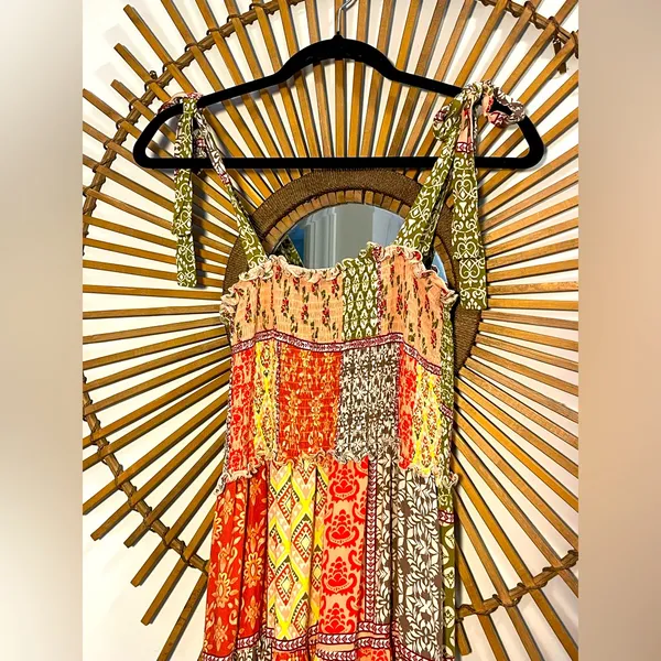 Abel the Label Bohemian Multicolor Patchwork Smocked Maxi Dress with Tie Straps - Image 2