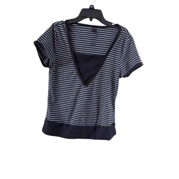 Romwe Black Gray Striped Short Sleeve Tee Shirt Large - Image 2
