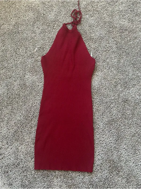 Shop Priceless Sleeveless Ribbed Halter Mini Dress in Deep Red - Image 2