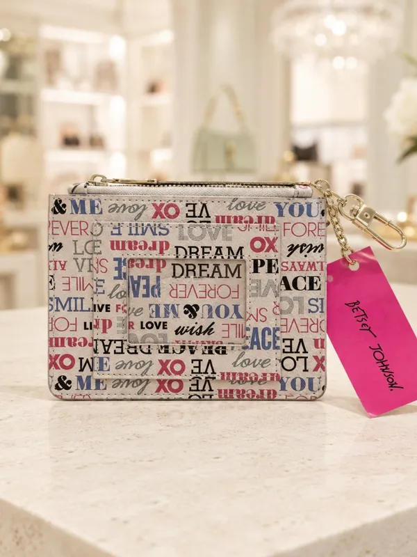 Betsey Johnson Multicolor Word Print Zip Card Holder Keychain Wallet NWT - Image 3