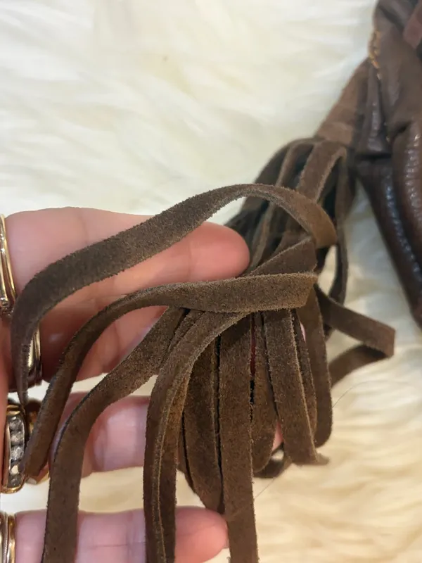 Vintage Lucky Brand Brown Leather Fringe Crossbody Y2K Boho Bag Festival - Image 5