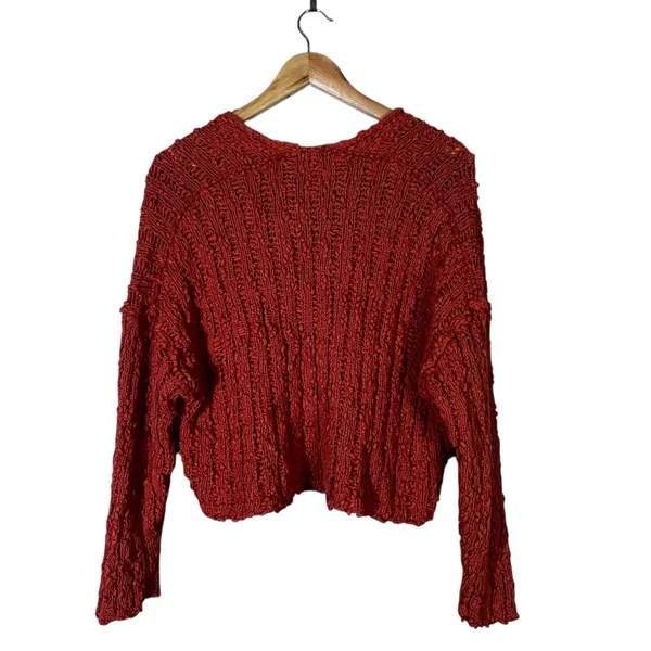 Free People High Low Open Knit V-Neck Sweater Rust Orange Boho Cropped Size M - Image 5