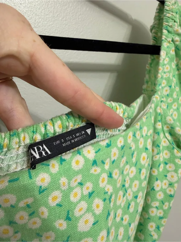 Zara Linen Blend Puff Sleeve Mini Dress in Light Green Floral Daisy Print Size S - Image 6