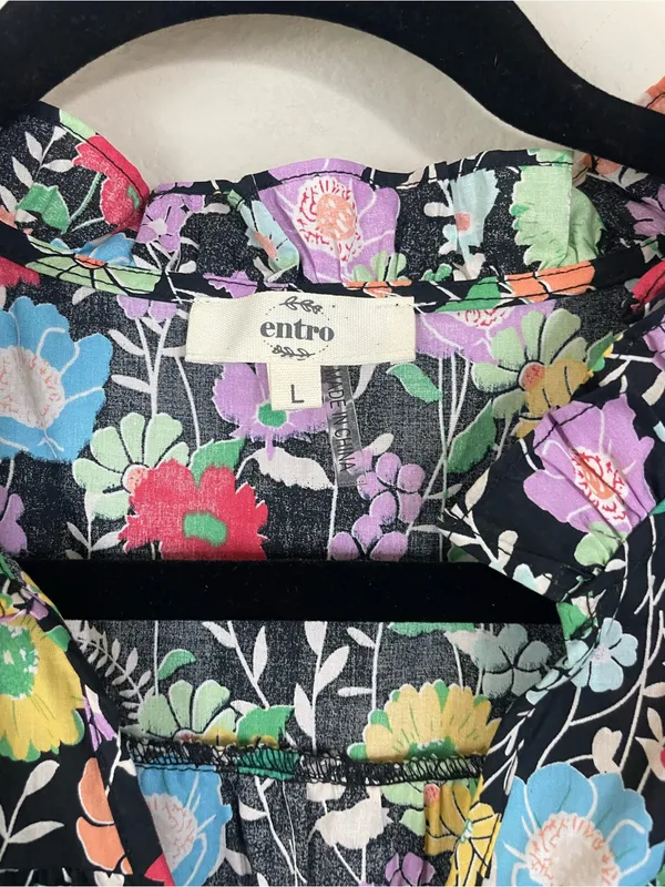 Entro Floral Ruffle Poplin V‎ Neck Blouse Size Large - Image 4