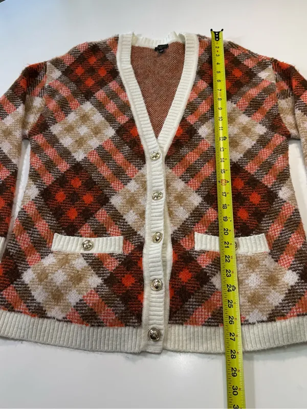 Talbots Plaid Button-Front Cardigan in Cream, Brown, Rust Size LP - Image 3