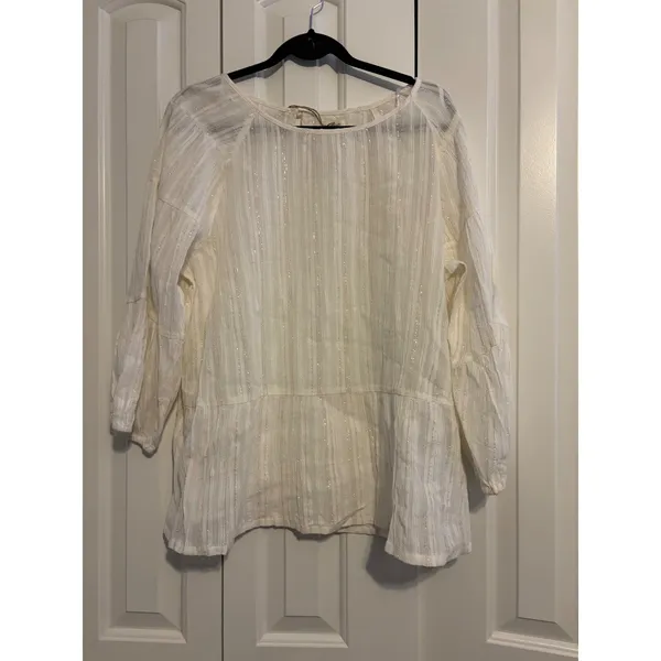 World Market Blouse Boho Cream‎ Gold Metallic Pinstripe Peplum L/XL NWT - Image 2