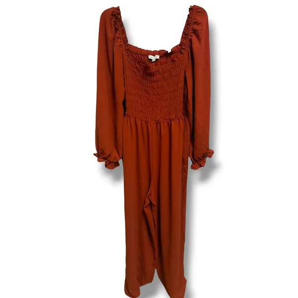 Francesca's Rust Orange Smocked Wide Leg Jumpsuit Long Sleeve Square Neck XL NWT - Image 2