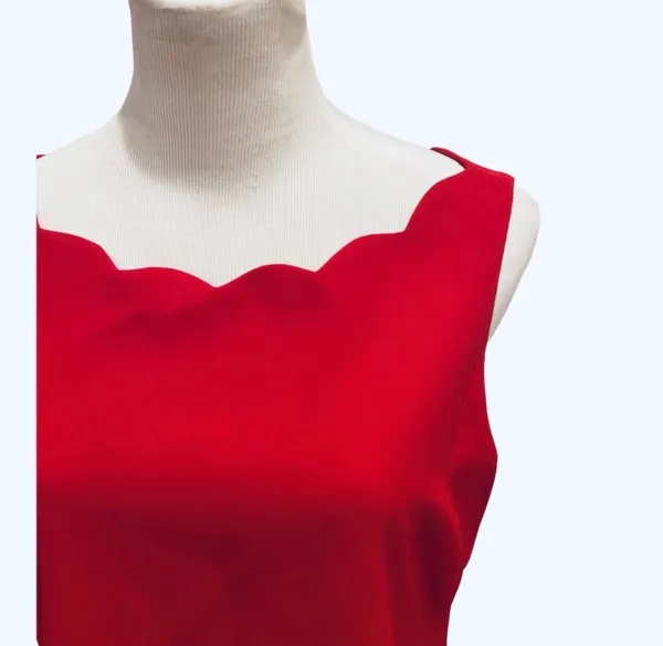 Vintage 90s Laundry Red Mini Scallop Sheath Shift Dress Scalloped 10 Party - Image 2