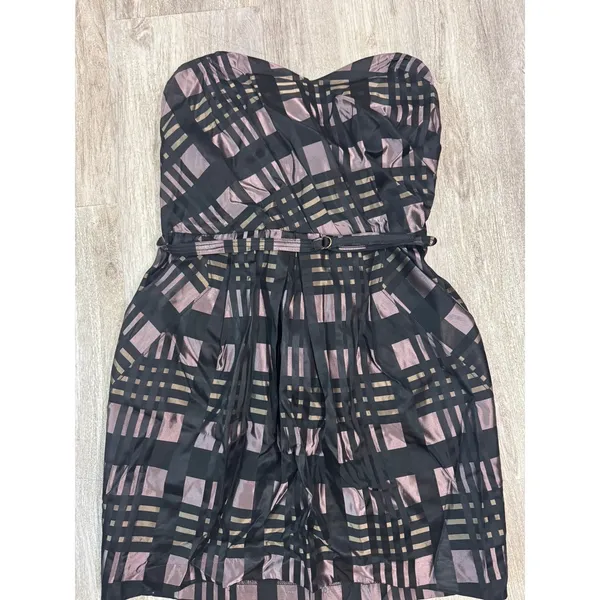 Alexia Admor Black Plaid Strapless‎ Sweetheart Neckline Belted Fit Flare Dress L - Image 3