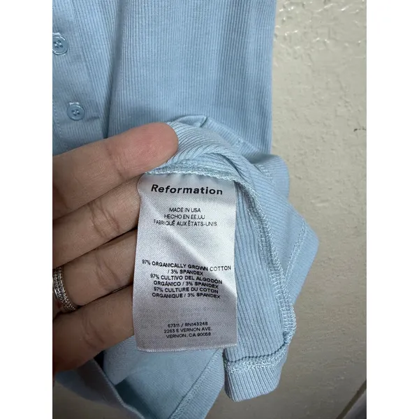 Reformation Raelynn Knit Mini Dress size S Light Blue Button Front Short Sleeve - Image 5