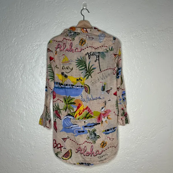 True Destinations Womens XS Tropical Aloha Postcard Print Cotton Button Up Shirt - Image 2