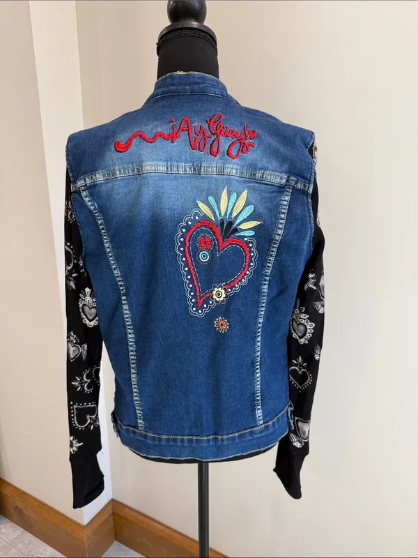 Ay Guey! Embroidered Wearable Art Denim Jacket Mexican Unique Boho SIze M - Image 5