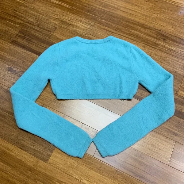 ZARA Teal Blue Fuzzy Cropped Sweater Long Sleeve Crew Neck Super Cropped Medium‎ - Image 4