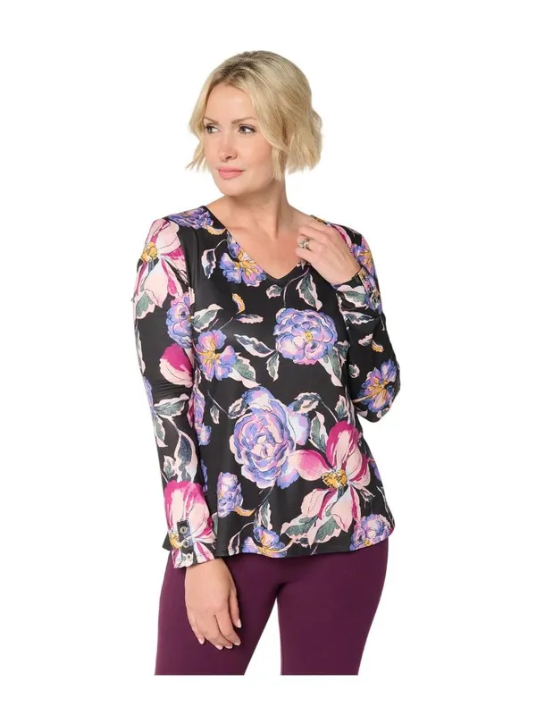 Attitudes by Renee Womens Knit Print V-Neck Shirt Top A702854 Black Floral 2XS - Image 6