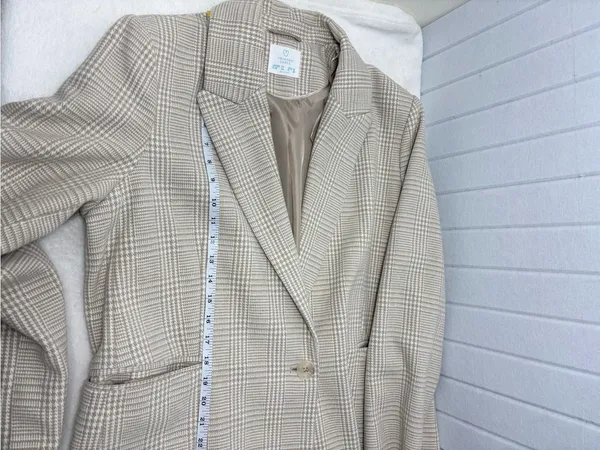 Primark Cream Plaid Long‎ Blazer Jacket Size 12 - Image 10