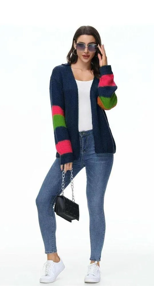 NEW Blue Preppy 80’s Lightweight Sweater Color Block Oversized Cardigan 2X - Image 7