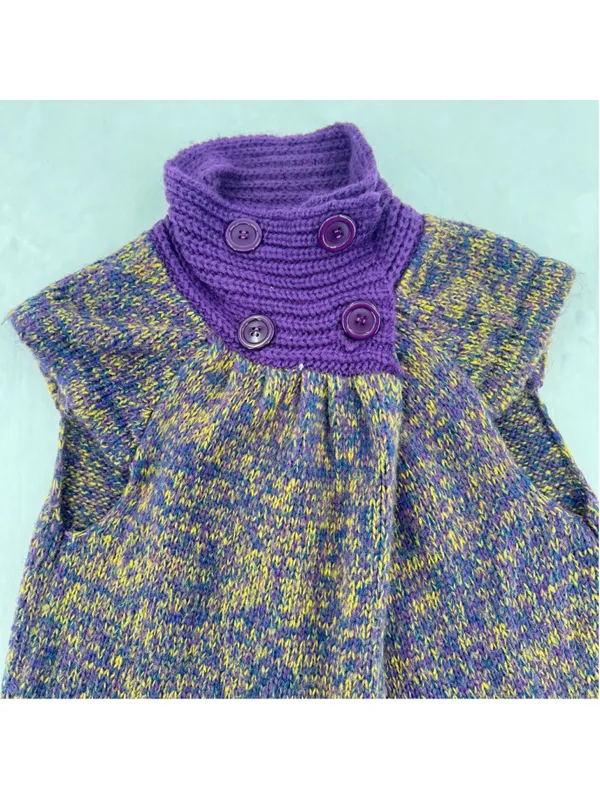 Vintage Sleeveless Wool Blend Sweater Cardigan Purple Funnel Neck Hand Knit Sz L - Image 3