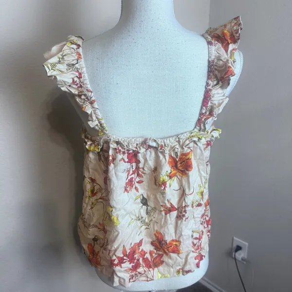 Evereve Womens Linen Blend Tropical Bird Floral Ruffle Tank Top Pink M - Image 3