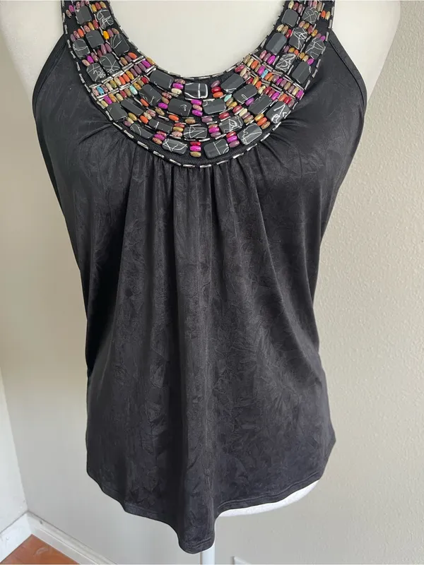 Iz Byer Black Tank Top with Multicolor Beaded Neckline - Image 3