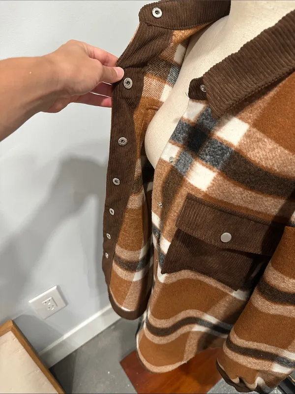 Magnolia BoutiqueBrown Plaid Utility Shacket with Corduroy Accents - Image 5