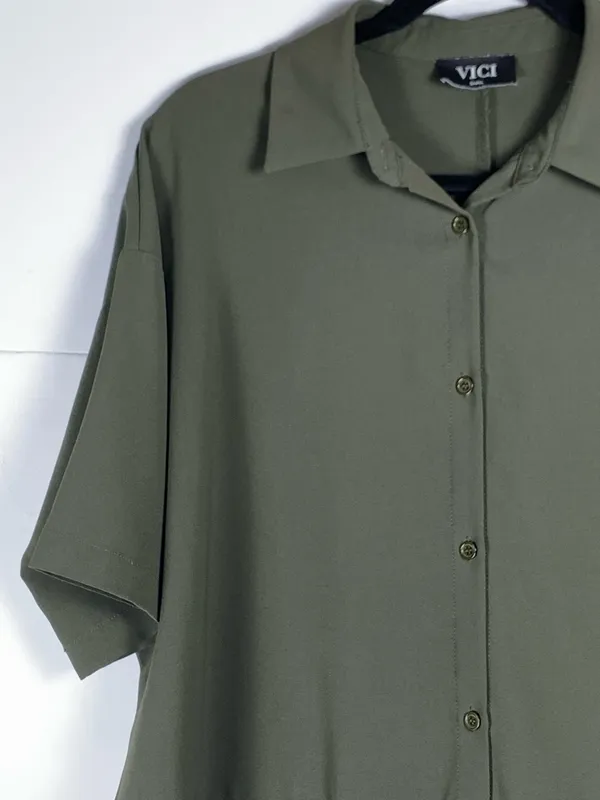 VICI Shirt Dress Small Olive Green Utility Button Front Pockets Casual - Image 4
