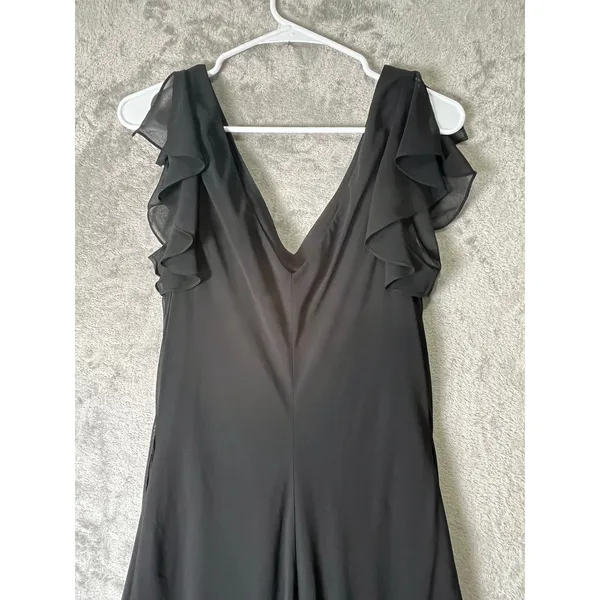 Vintage y2k Black Chiffon‎ Handkerchief Hem Dress Floral Beaded Embroidered Med - Image 5