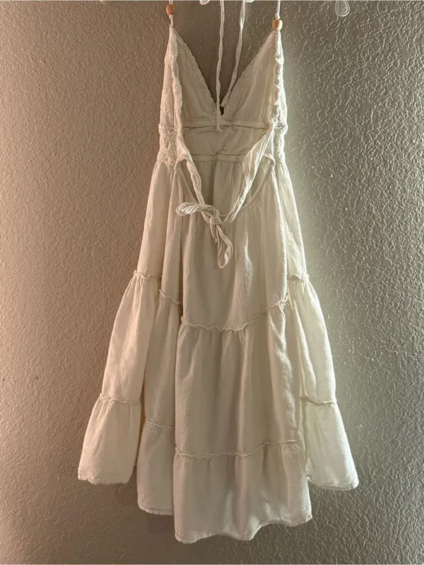 Off White Crochet Halter Beaded Tie Back Boho Tiered Mini Dress Tunic - Image 8