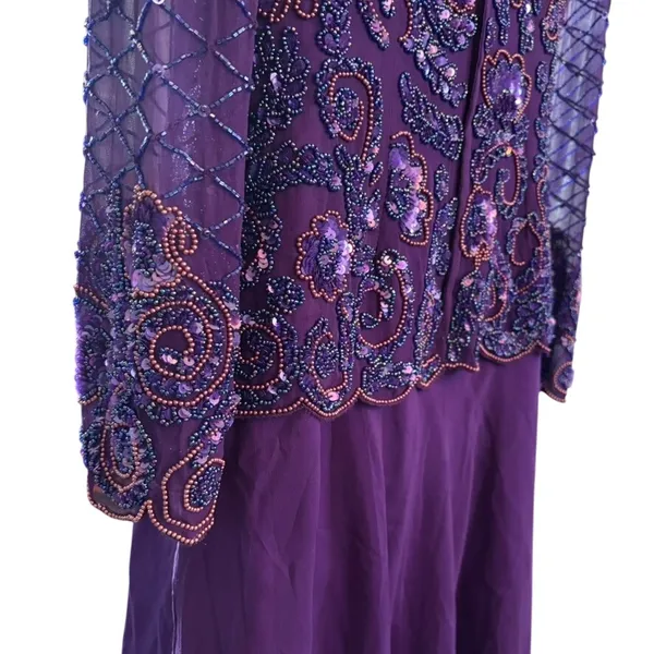 Vtg Adrianna Papell 100% Silk Beaded‎ Maxi Dress Sz 6 Purple Drop Waist Sheer - Image 5