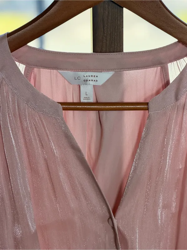 LC Lauren Conrad Light Pink Shimmer Tiered Long-Sleeve Dress large - Image 2