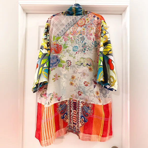 Johnny Was Johnny Was Patchwork Print Multicolor Silk Kimono Top Oversized Sz L - Image 9