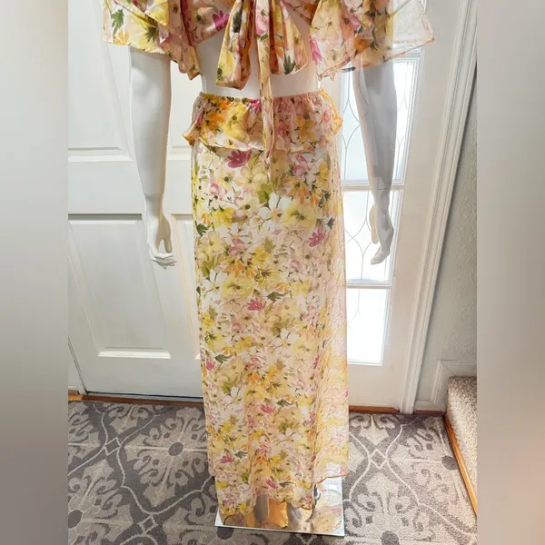 Vici Yellow Ruffle Sheer Maxi Chiffon Floral Maxi Dress Size Large J-51 - Image 6