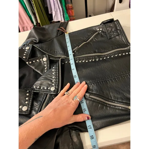 Free People Black Vegan Leather Moto Studded Zip Up Jacket Size XS Oversized - Image 12