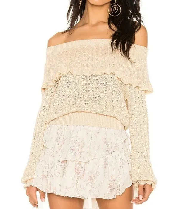 Crazy In Love Beige Linen Blend Off-The Shoulder Ruffle Sweater M - Image 2