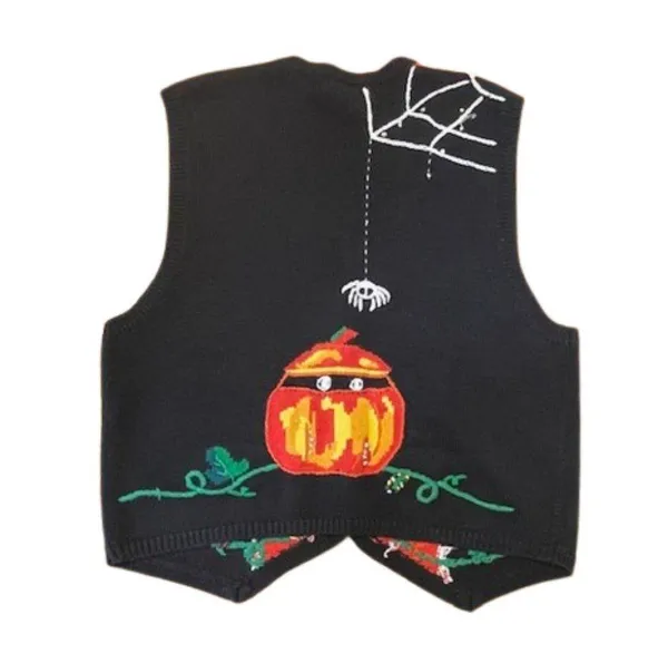 Vintage Cardigan Sweater Vest Halloween Knit Multicolor Embroidered Medium - Image 2