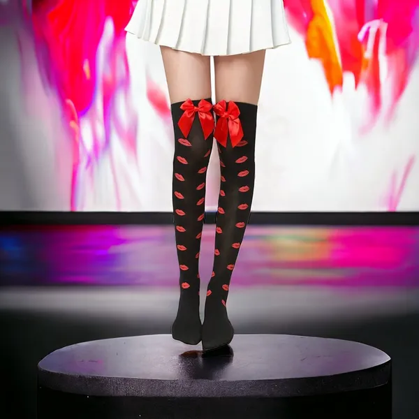Lips Kiss Mesh Thigh High Stockings Bow Decor Valentines Day Over The Knee Socks - Image 6