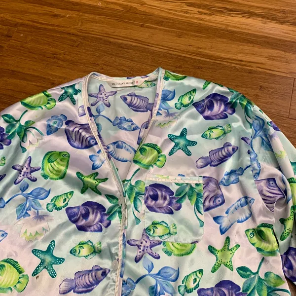 Victorias Secret Satin‎ Sleep Shirt Womens XS Fish Starfish Button Down Pajama - Image 2