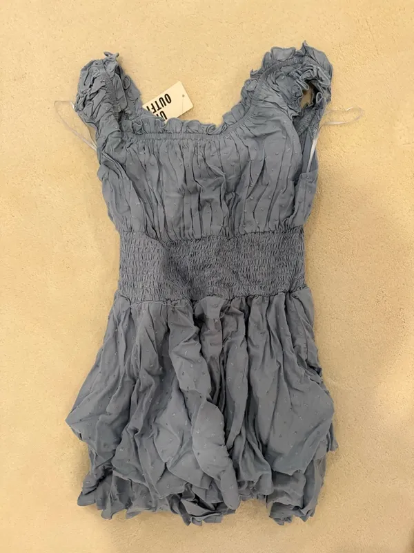 UO Rosie Smocked Tiered Ruffle Romper in blue - Image 2