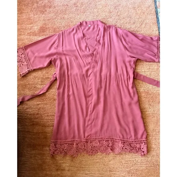 Pink Lace Trim Kimono Robe Sheer Tie Waist Lightweight One Size - Image 3