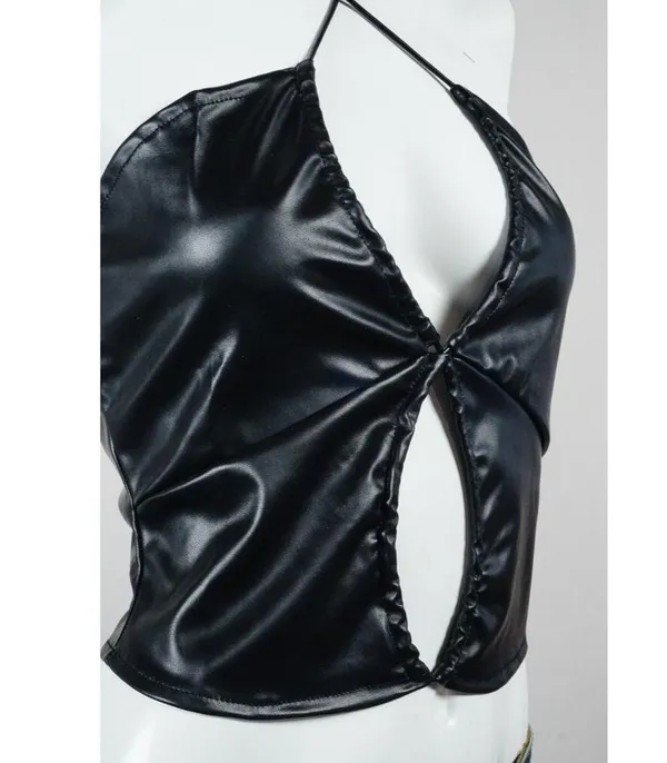 Pretty Garbage Hater Vegan Faux Leather Ruched Crop Top Black Woman's Small NWT! - Image 8