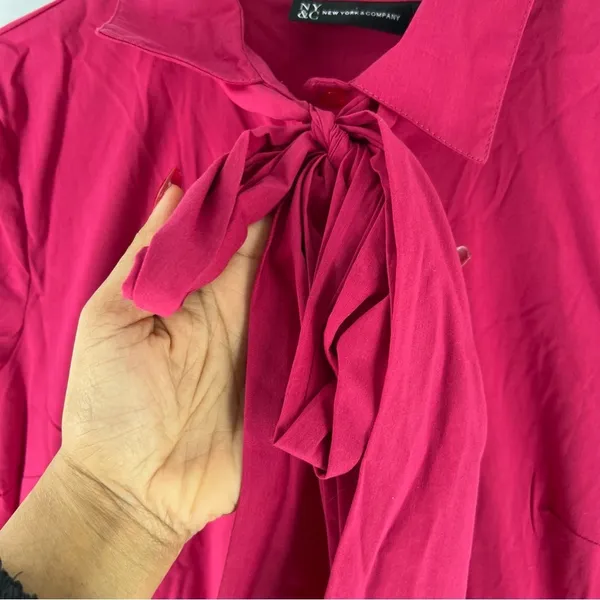 NY&C Pink Cotton Blend Button Front Tie Neck Pleated Fit & Flare Shirt Dress‎ - Image 6