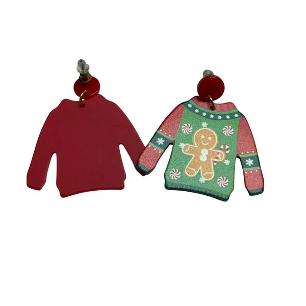 Ugly Christmas Sweater Earrings Gingerbread Man Green‎ Red Holiday Novelty - Image 4