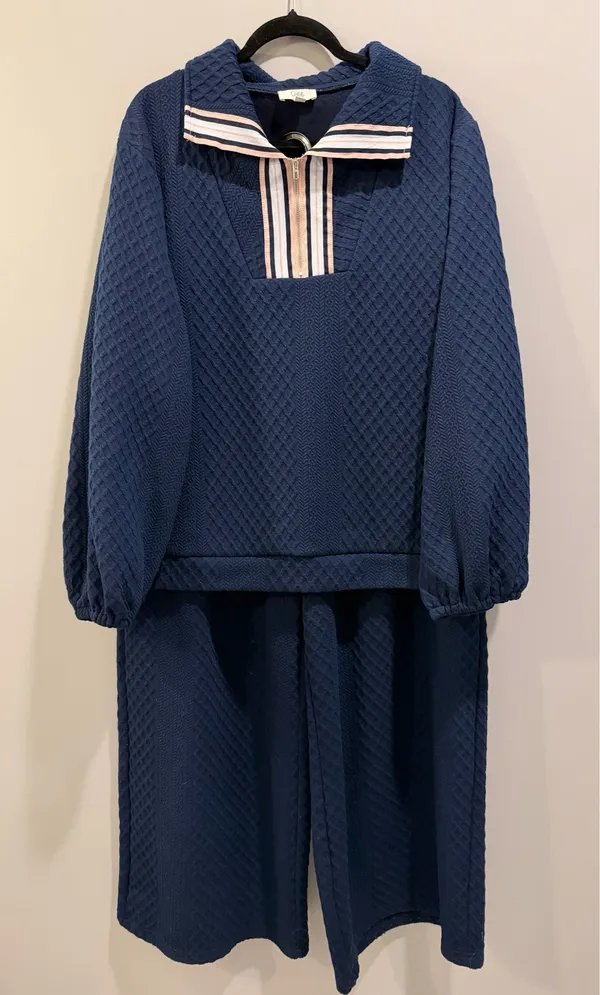 Oddy Textured Quarter Zip Pullover and Wide Leg Pants Matching Loungewear Set Navy / Midnight Blue - Image 2