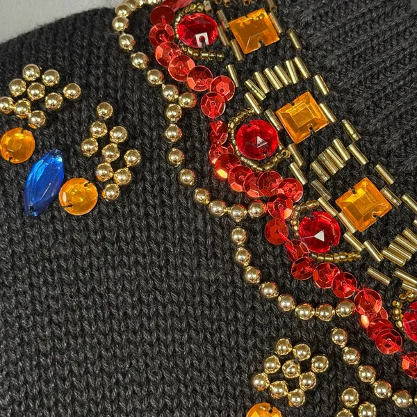 VTG 80s 90s Black Beaded Sweater Size Large Jeweled Embellished Statement Glam - Image 8