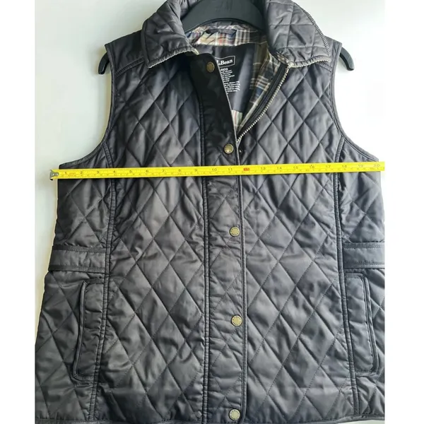 LL Bean Diamond Quilted Full Zip‎ Vest MED Black Plaid Lined Cord Collar - Image 9