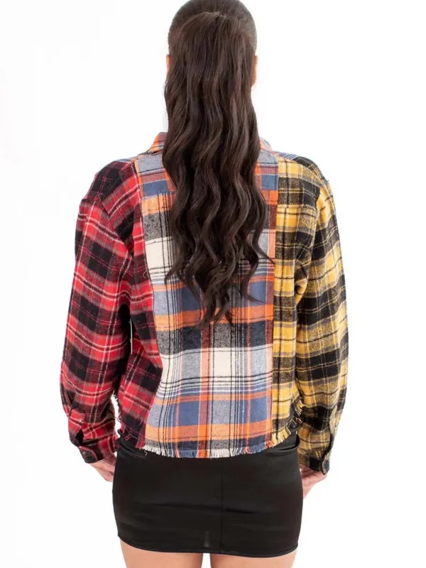 Jolie & Joy Patchwork Plaid Cut Off Button Up Shirt Jacket Shacket Size Large Yellow - Image 3